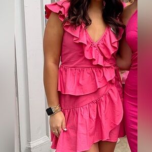 Hello Molly Pink Asymmetrical Ruffled Mini Dress